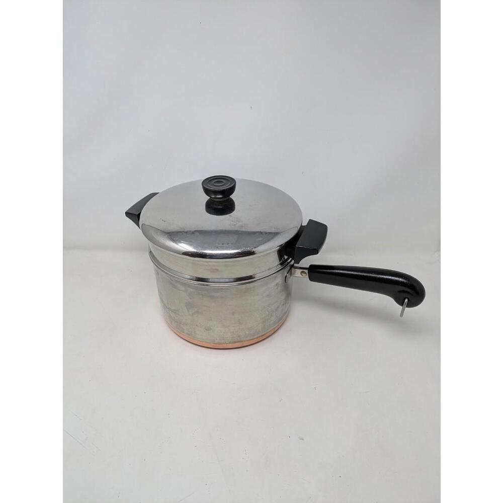 Revere Ware 4 Qt Saucepan Pot w/ Lid & Strainer/Steamer Stainless & Copper Vtg - Picture 2 of 6